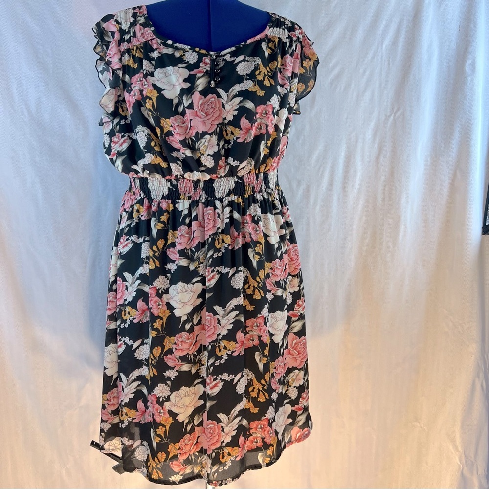 Simply Be Love Drobe Dress Floral Black/Pink Sleeveless Smocked Waist 24👍